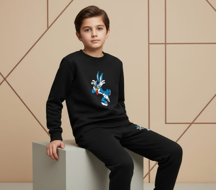 Black Bunny Printed Kids Tracksuit | Winter Fleece Sweatshirt & Trouser Set for Boys & Girls – Warm & Comfy Outfit medium