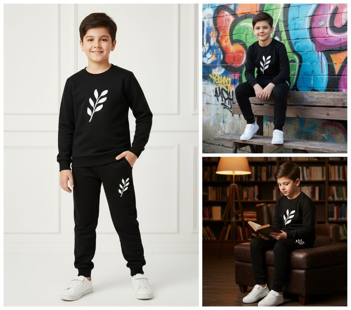 Kids Printed Stylish Black & Black Tracksuit Set | Winter Fleece Sweatshirt & Trouser Outfit for Boys & Girls – Warm & Trendy FOR BABU AND KIDS 2xl