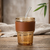Premium Amber Glass Coffee Tumbler with Leather Sleeve and Glass Straw – Reusable 400ml Travel Coffee Mug for Home, Office and On-the-Go Use