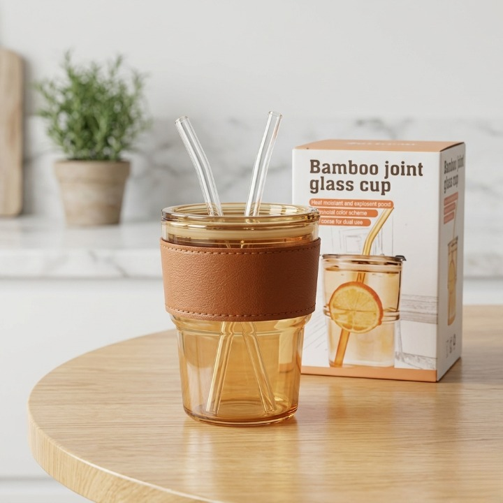 Premium Amber Glass Coffee Tumbler – 400ml