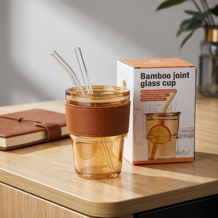 Premium Amber Glass Coffee Tumbler – 400ml
