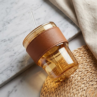 Premium Amber Glass Coffee Tumbler with Leather Sleeve and Glass Straw – Reusable 400ml Travel Coffee Mug for Home, Office and On-the-Go Use
