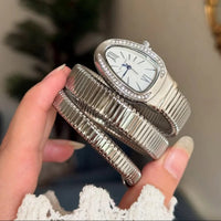 Women's Triple-Wrap Snake Watch – Silver Luxury Fashion Watch with Diamond-Set Bezel, Elegant Statement Wristwatch with Box