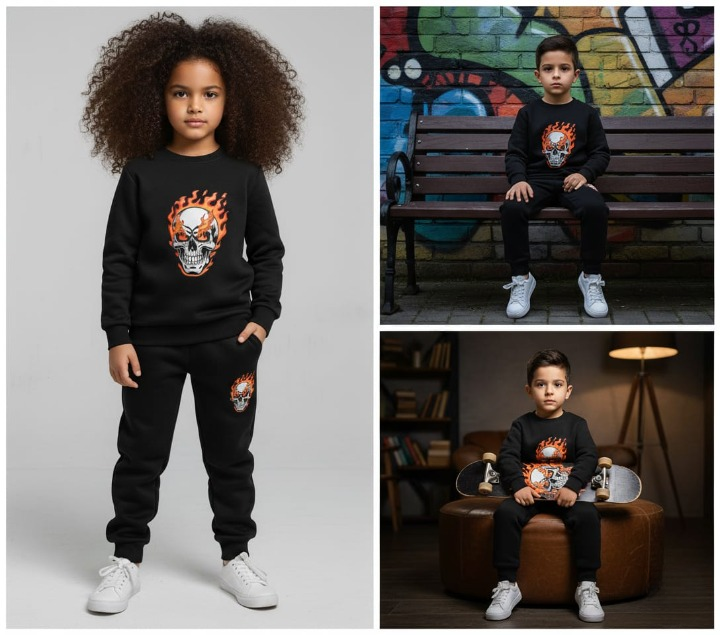 Black Printed Kids Tracksuit | Winter Fleece Sweatshirt & Trouser Set – Warm, Soft & Stylish Winter Garments for Boys & Girls FOR BABY AND KIDs 3xl