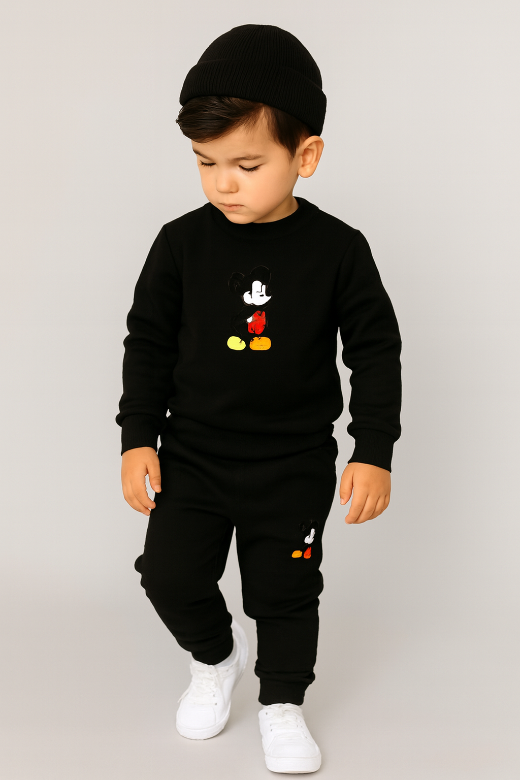 Black Mickey Mouse Printed Kids Tracksuit | Winter Fleece Sweatshirt & Trouser Set for Boys & Girls – Warm & Stylish Outfit  FOR BABY AND KIDS  3xl