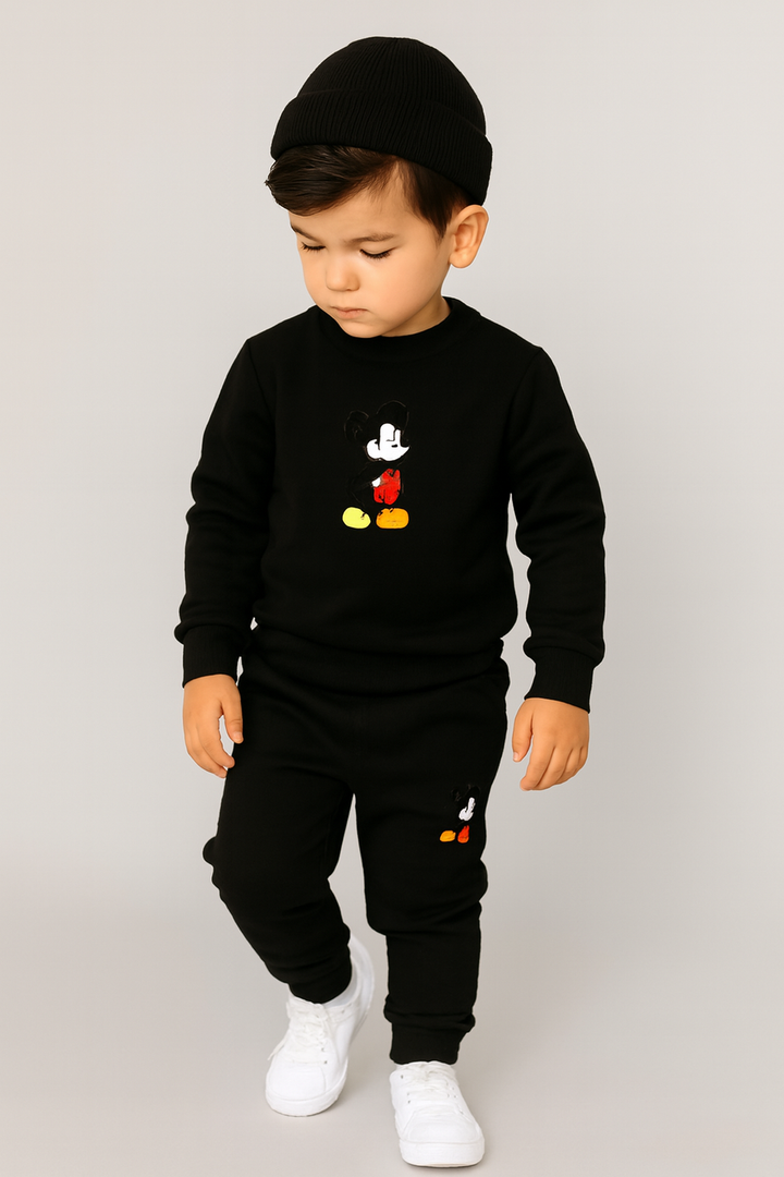 Black Mickey Mouse Printed Kids Tracksuit | Winter Fleece Sweatshirt & Trouser Set for Boys & Girls – Warm & Stylish Outfit  FOR BABY AND KIDS  3xl