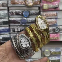 Women's Triple-Wrap Snake Watch – Golden Luxury Fashion Watch with Diamond-Set Bezel, Elegant Statement Wristwatch with Box